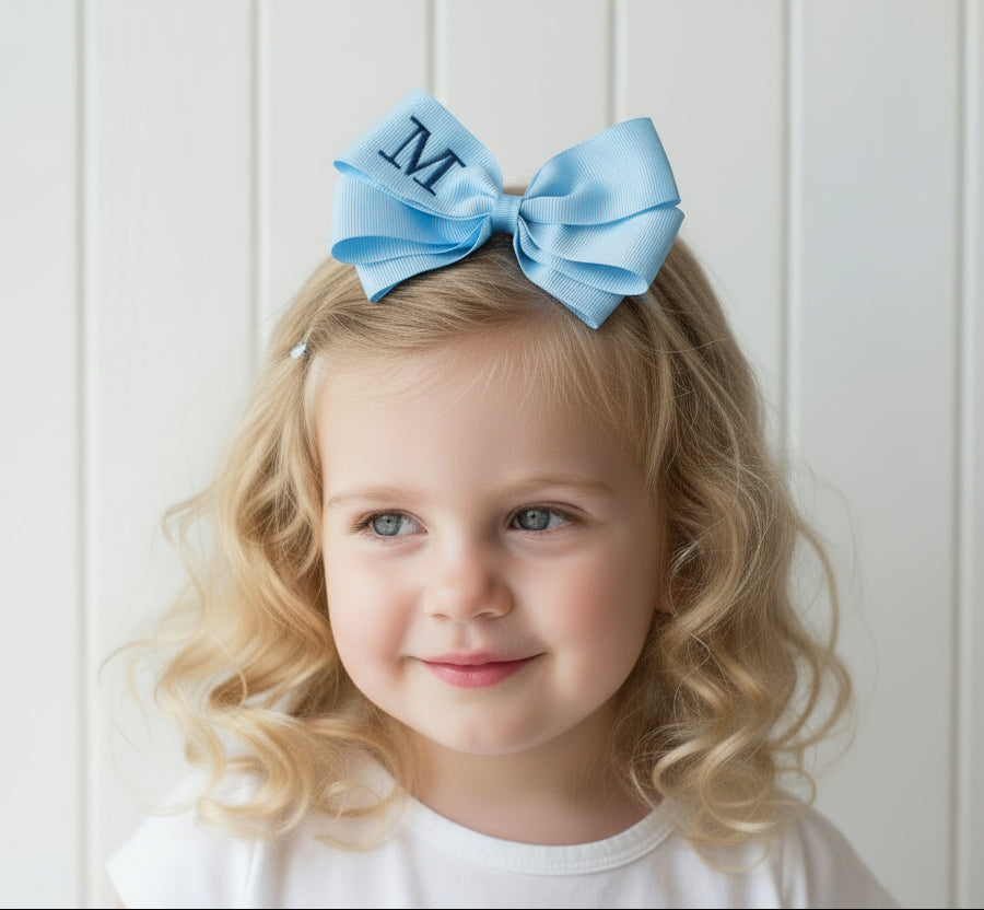 Light Blue Monogrammed Hair Bow w/Navy Blue Initial, Personalized