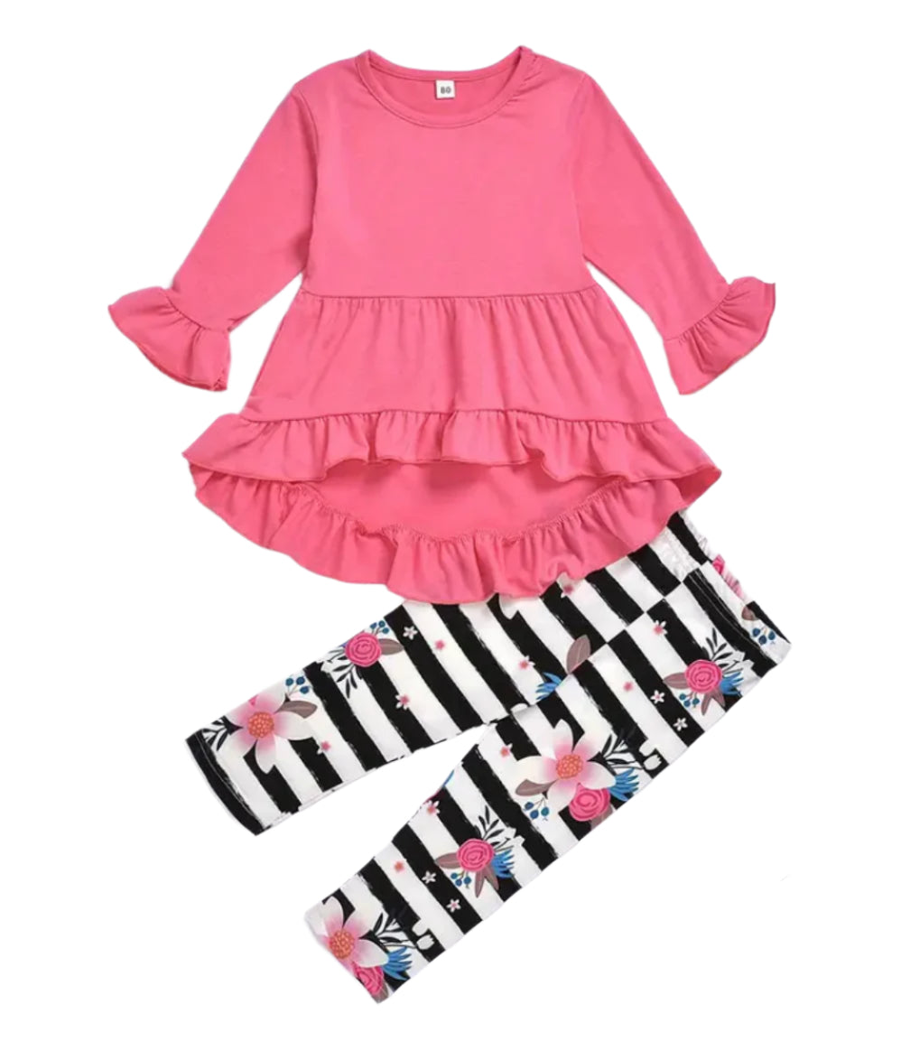 Pink Roses & Stripes Ruffle Outfit, girl, set, leggings, top, kids