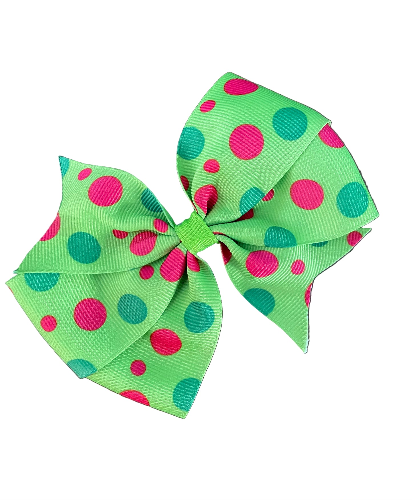 Green & Hot Pink Polka Dot Hair Bow, girl, kids, clip