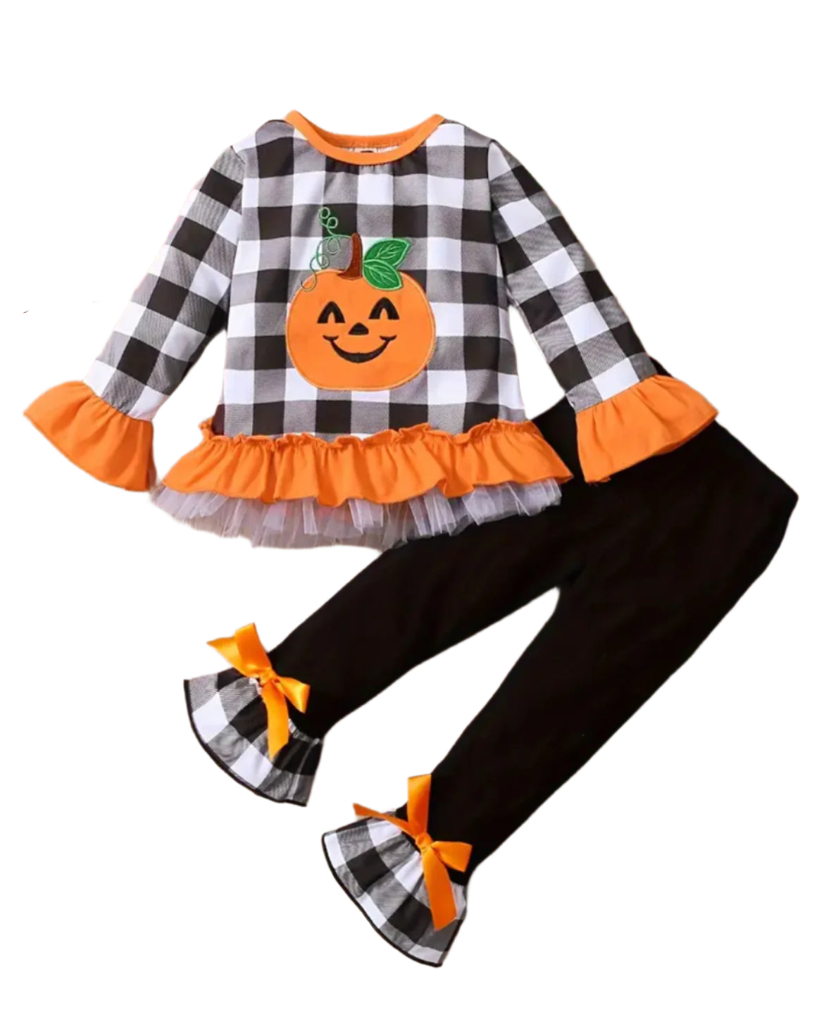 Pumpkin Plaid Girl's Ruffle Pant Set, Outfit, kids, Halloween, clothing