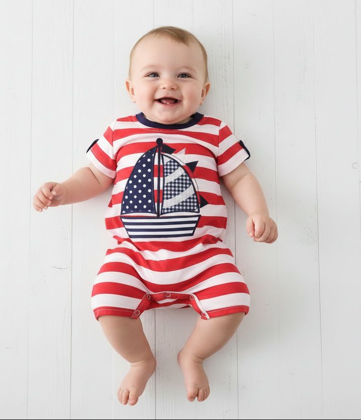 Red & White Baby Striped Sailboat Romper, kids, toddler, boy