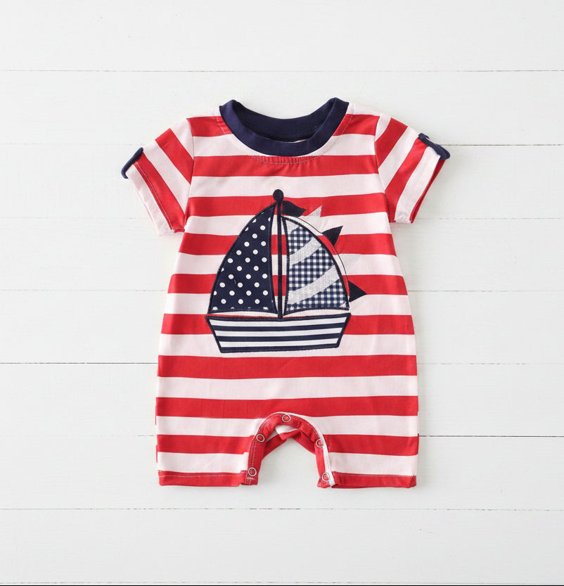 Red & White Baby Striped Sailboat Romper, kids, toddler, boy