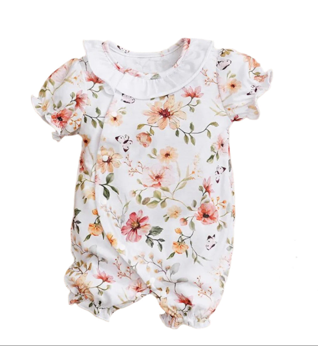 Peach Floral Short Sleeve Romper, girl, baby, onesie