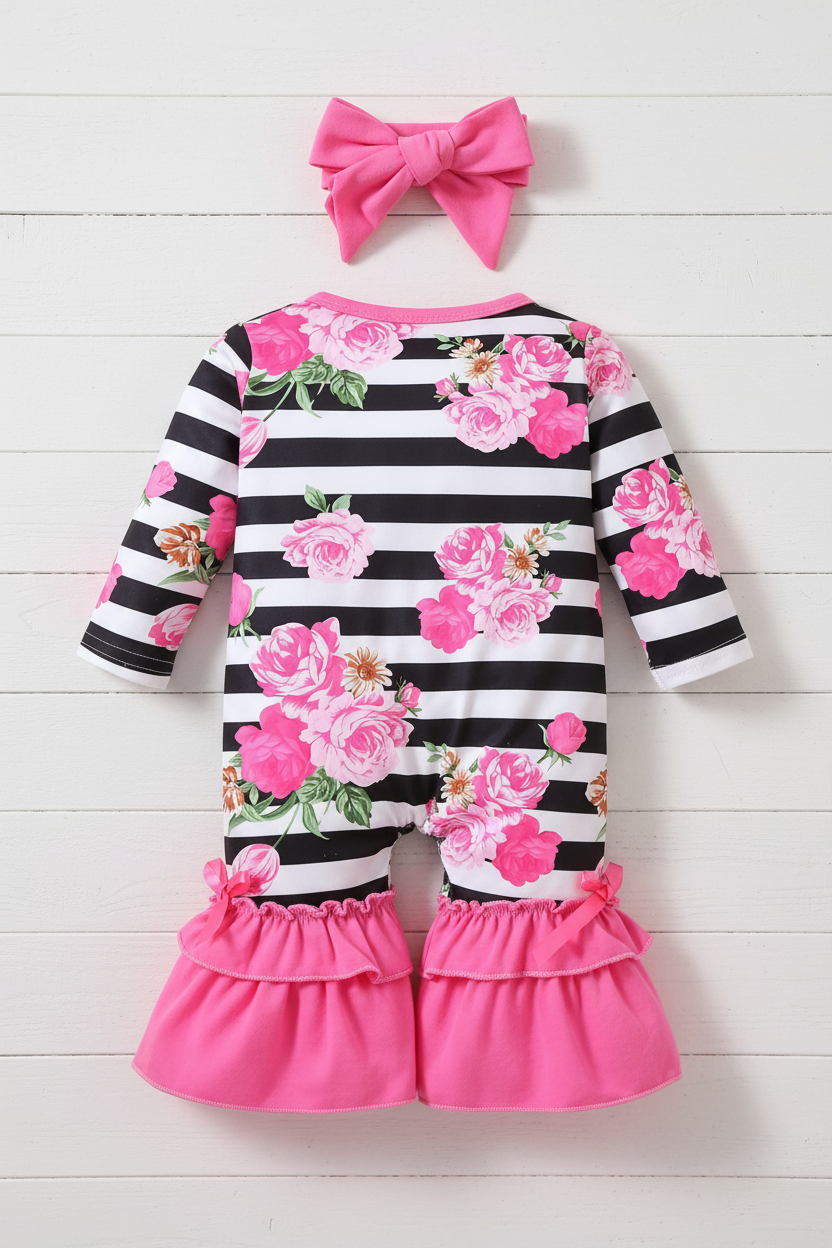 Pink Rose Ruffle Romper w/Headband, baby, infant, clothing, girl