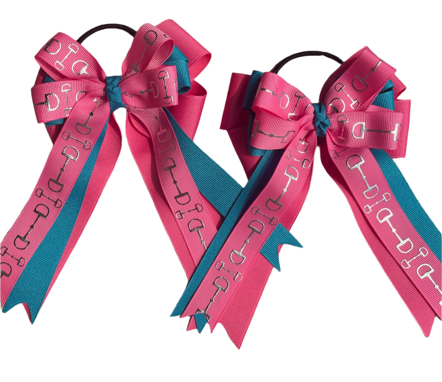 Equestrian Hair Bow, Tails, Horse Show, Turquoise Blue, Pink, snaffle bit