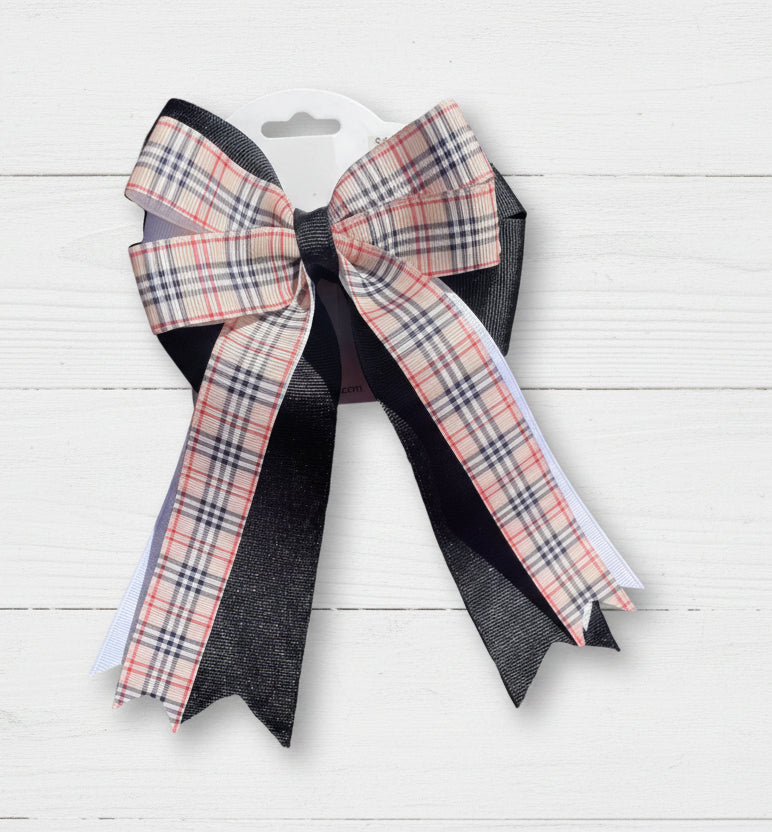Equestrian Hair Bow, Tail Bow, Horse Show, Black, White, Tartan Plaid, Single, Set