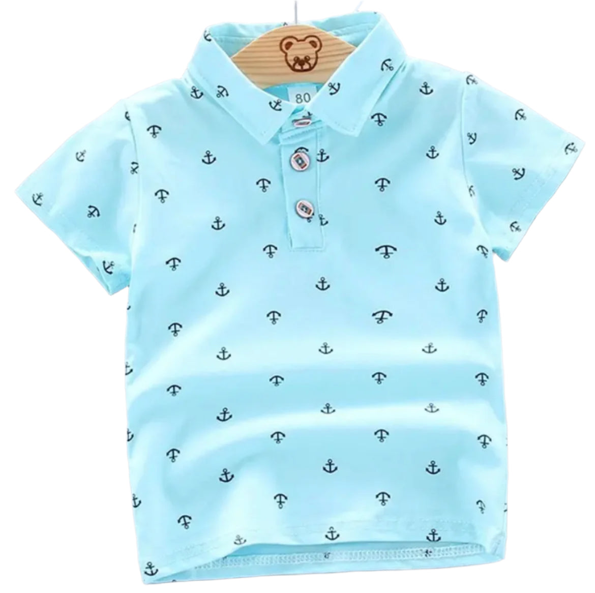 Aqua Blue Boy's Polo Short Sleeve Anchor Shirt