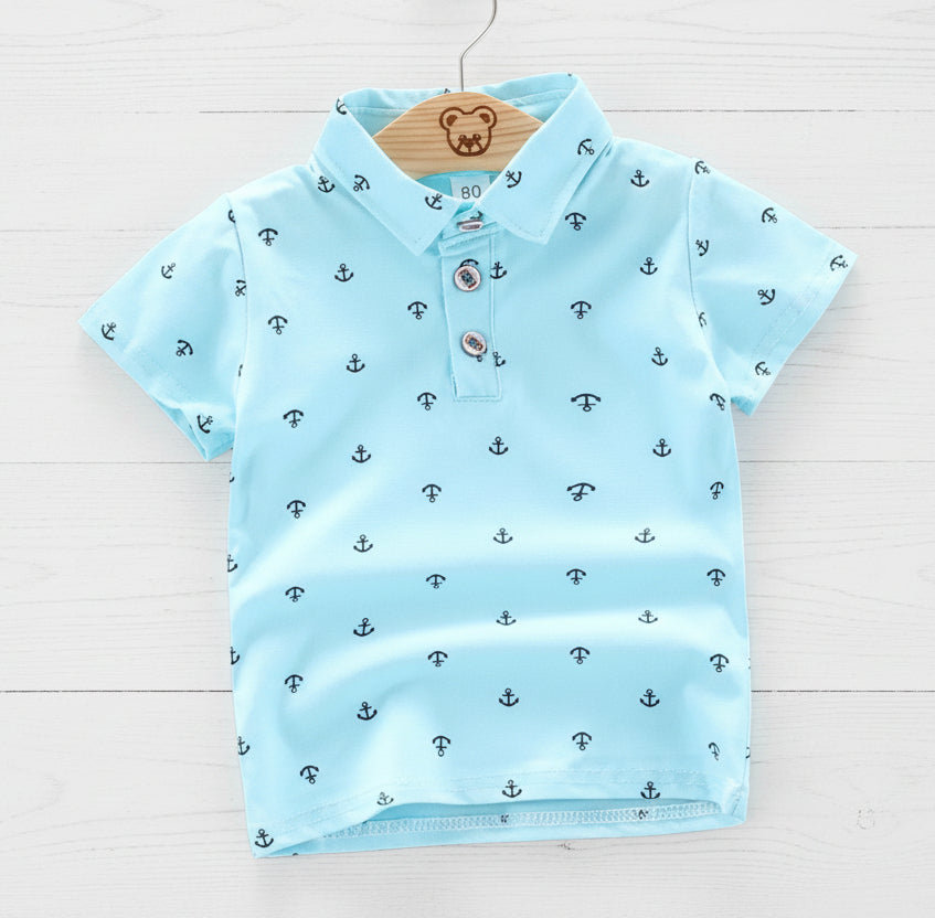 Aqua Blue Boy's Polo Short Sleeve Anchor Shirt, Back to School