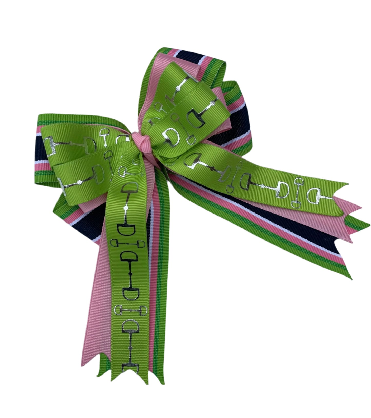 Equestrian Hair Bow, Tails, Horse Show, Navy, Green & Pink