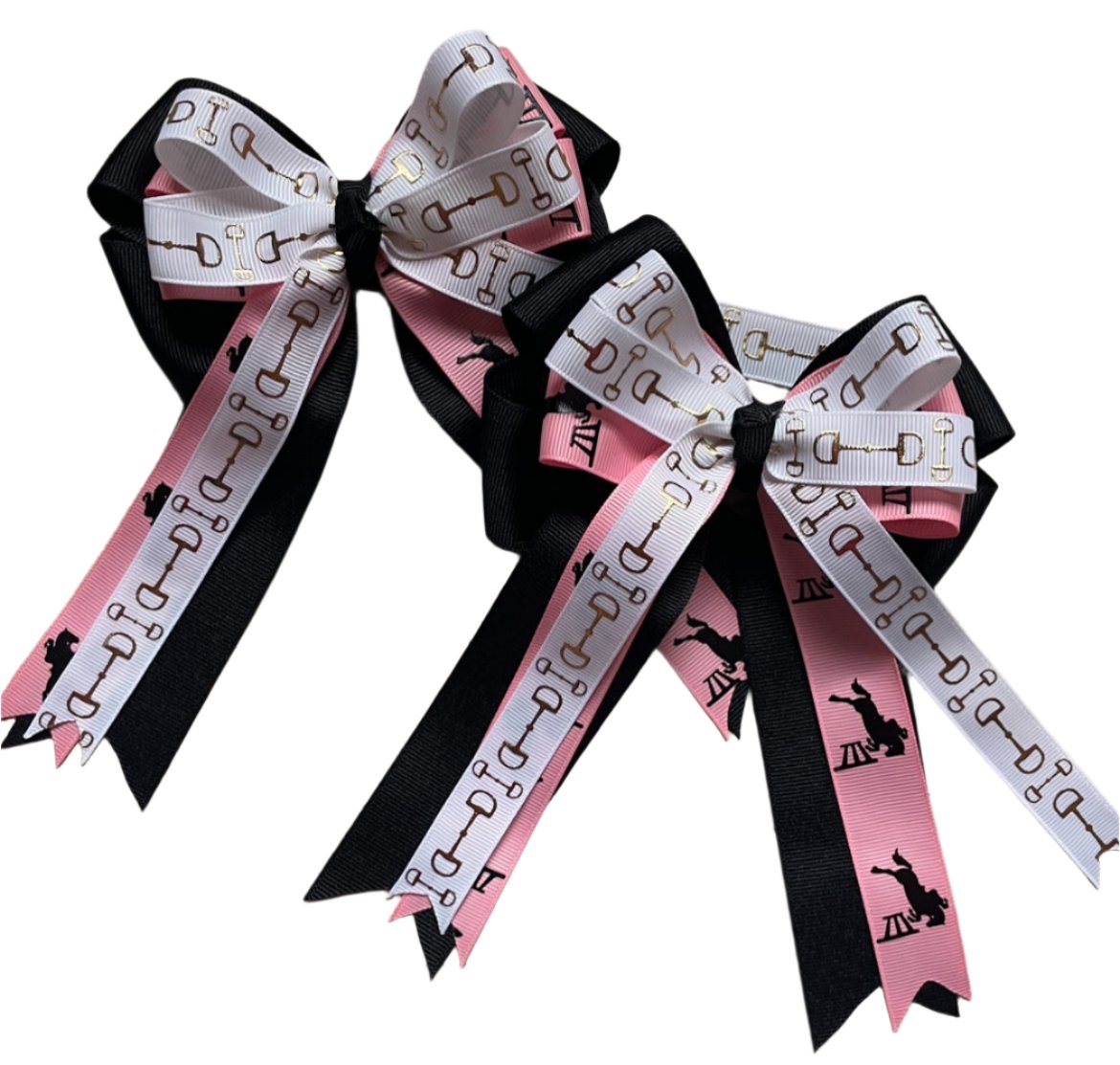 Equestrian Hair Bow, Tails, Horse Show, Black, Pink & White