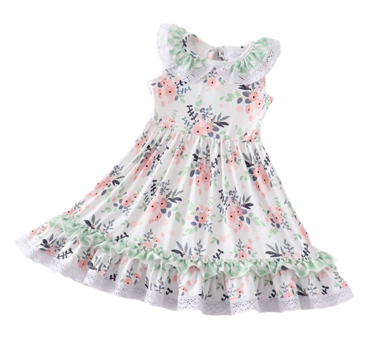 Mint Green & Peach Floral Twirl Dress, Milk Silk, girls