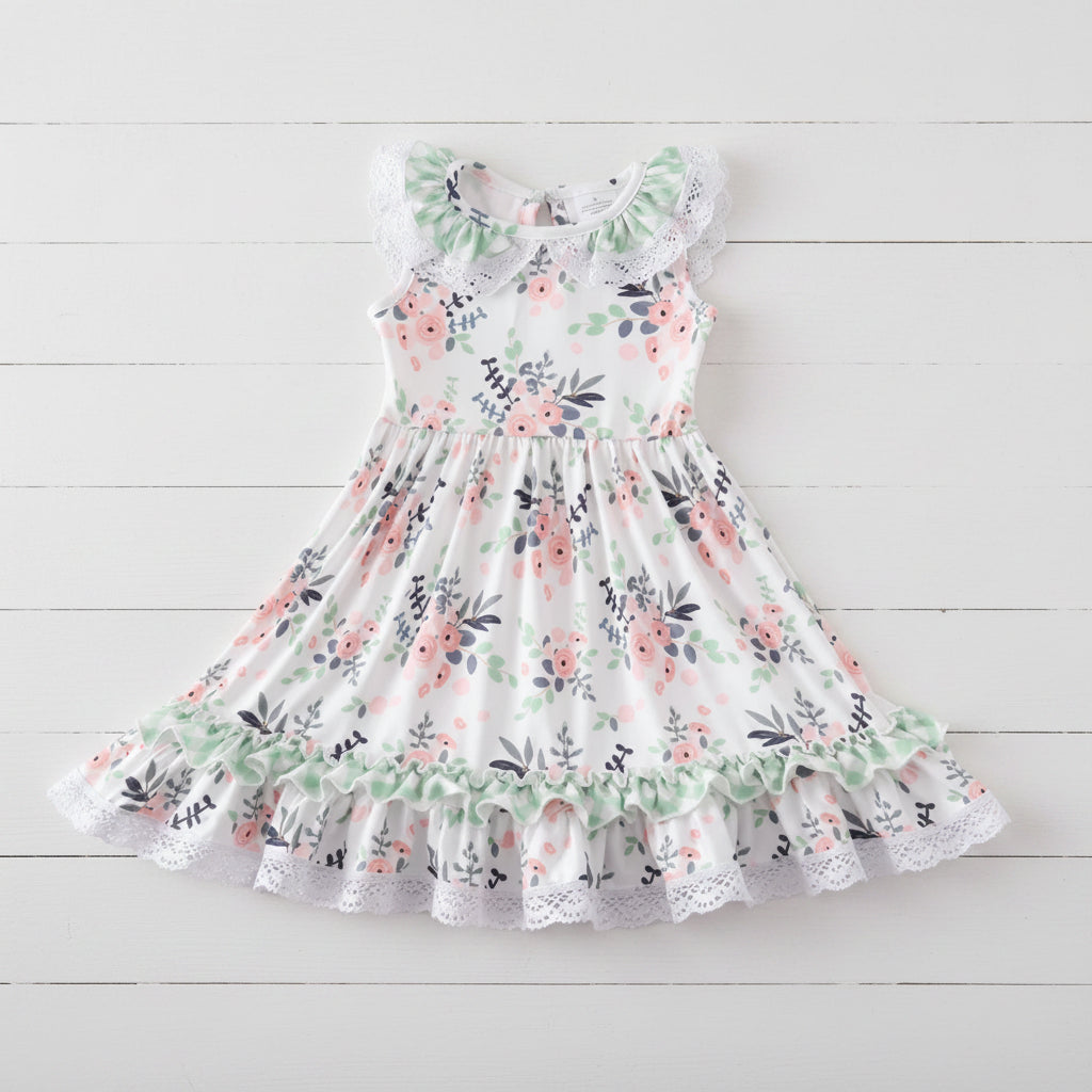 Mint Green & Peach Floral Twirl Dress, Milk Silk, girls, Spring, Summer