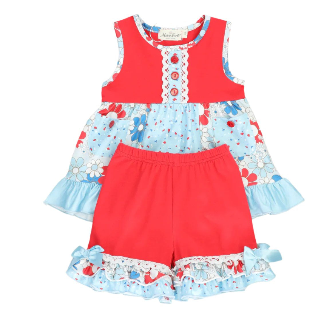Red & Blue Floral Ruffle Short Set, outfit, girl, kids / Sale