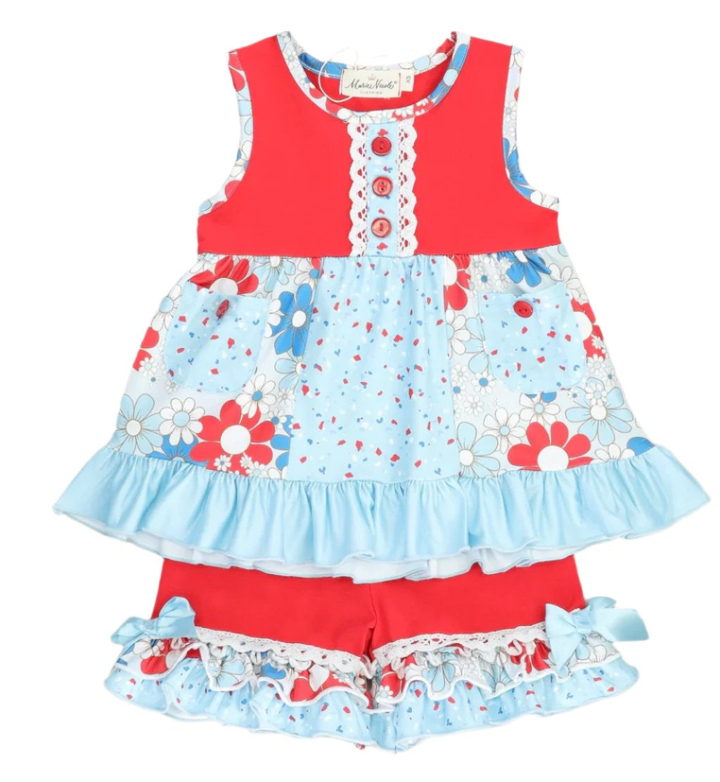Red & Blue Floral Ruffle Short Set, outfit, girl, kids / Sale
