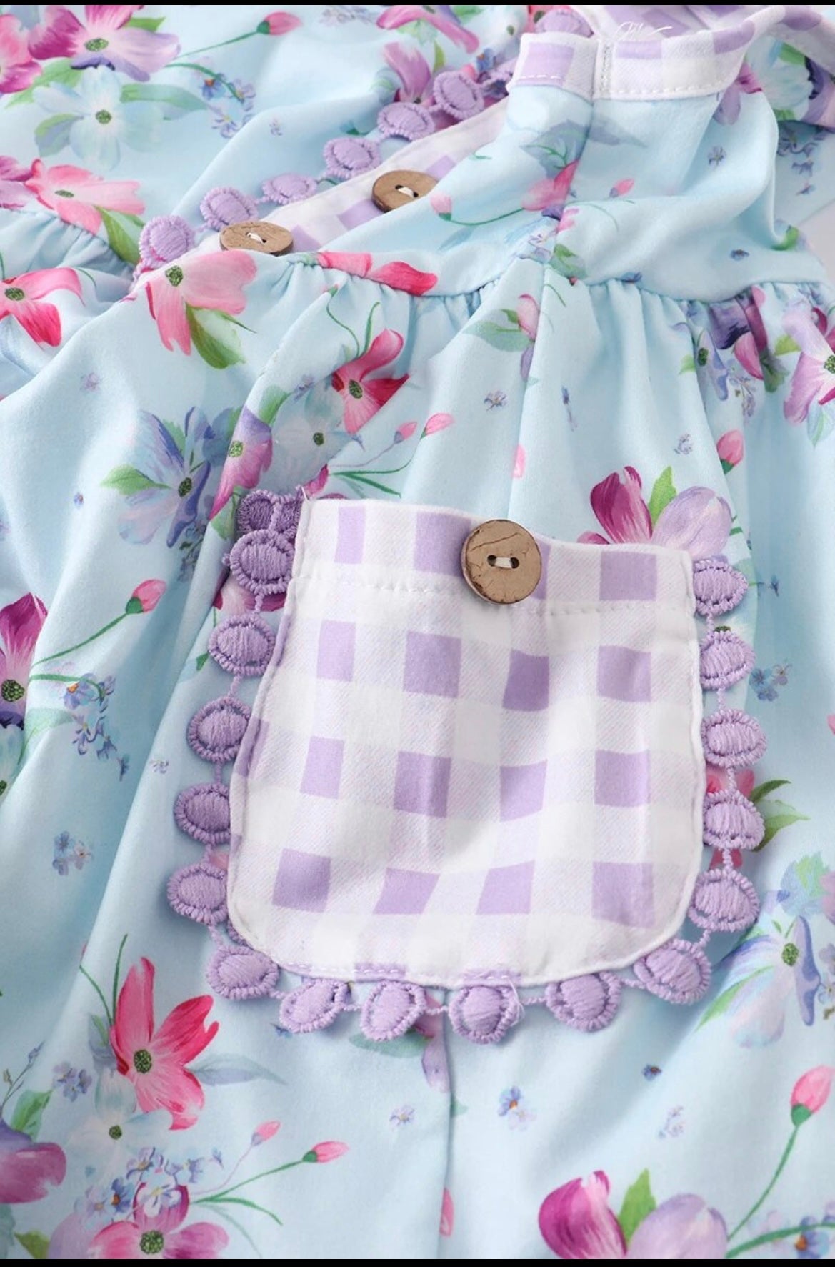 Blue & Lavender Sleeveless Floral & Check Twirl Dress, Milk Silk, girl's