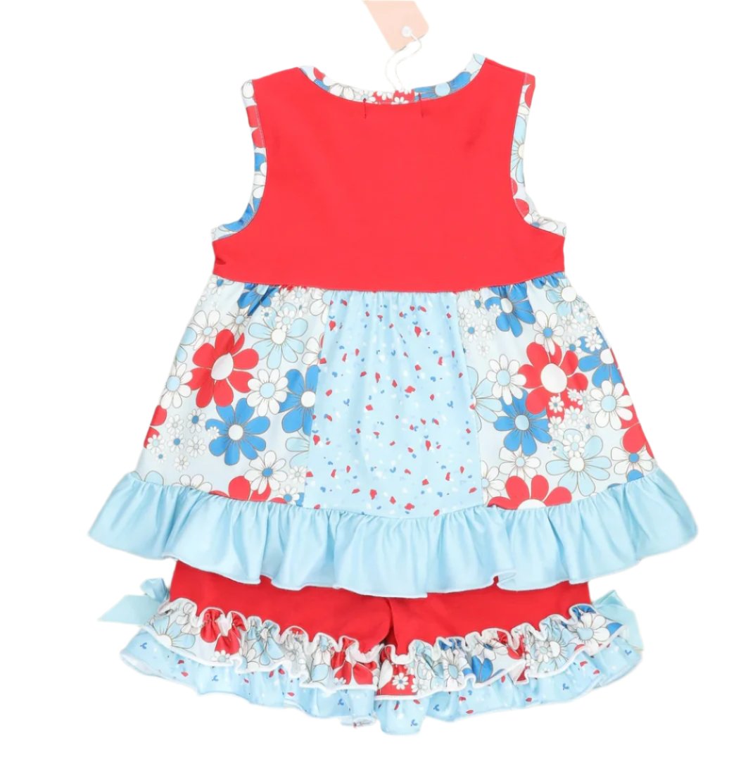 Red & Blue Floral Ruffle Short Set, outfit, girl, kids / Sale