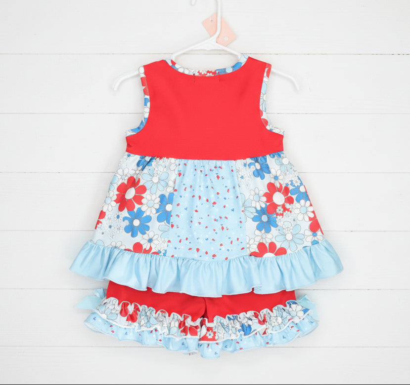 Red & Blue Floral Ruffle Short Set, outfit, girl, kids