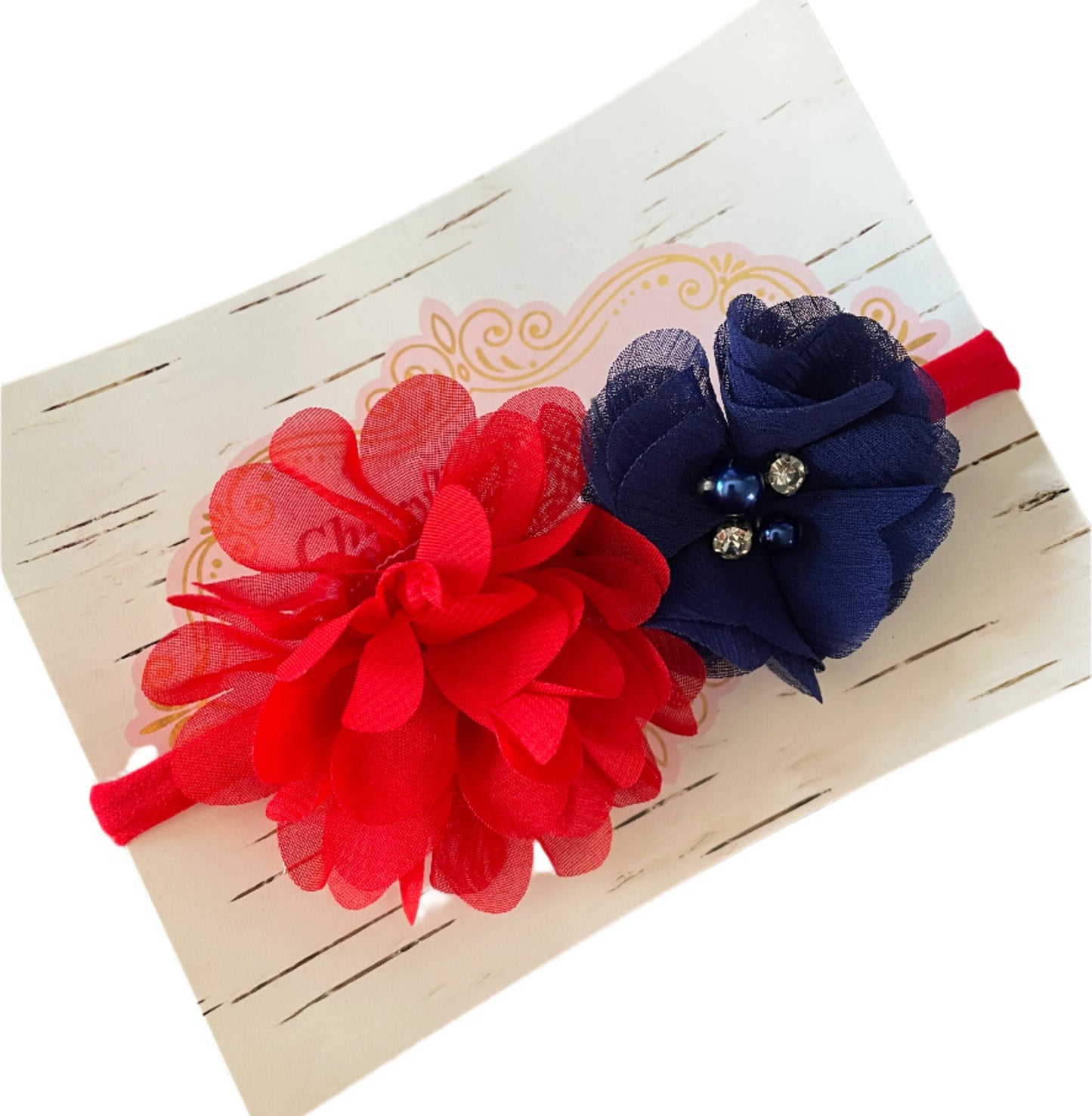 Red & Blue Flower Nylon Headband, girl, stretch, baby, child, holiday