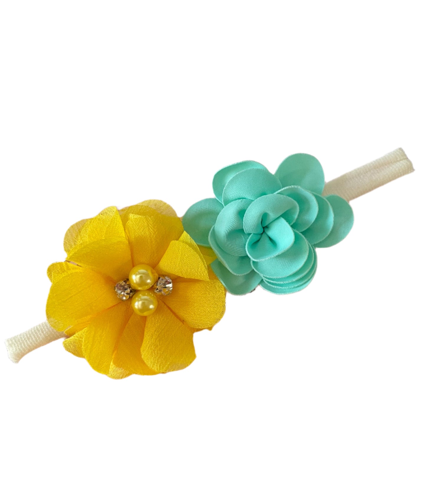 Aqua & Yellow Flower Nylon Headband, girl, stretch, baby, child