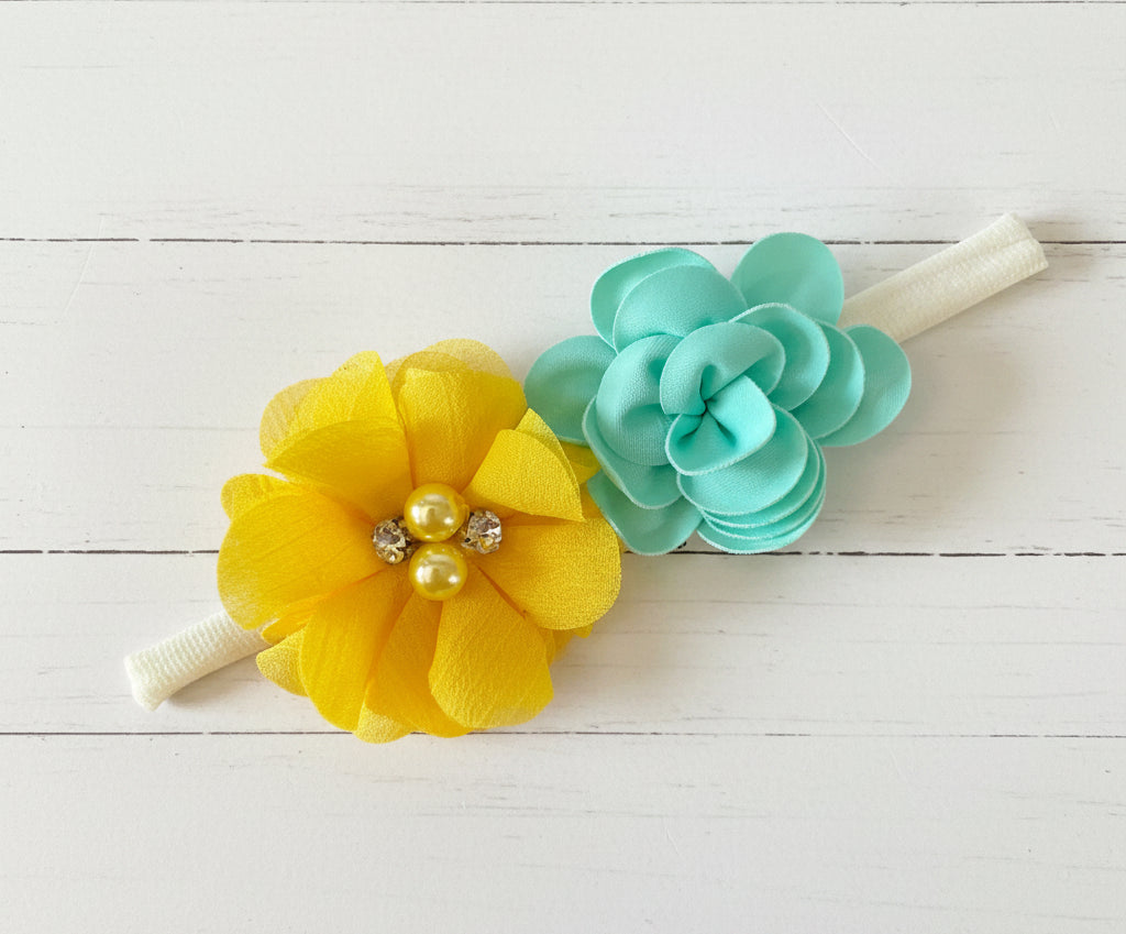 Aqua & Yellow Flower Nylon Headband, girl, stretch, baby, child