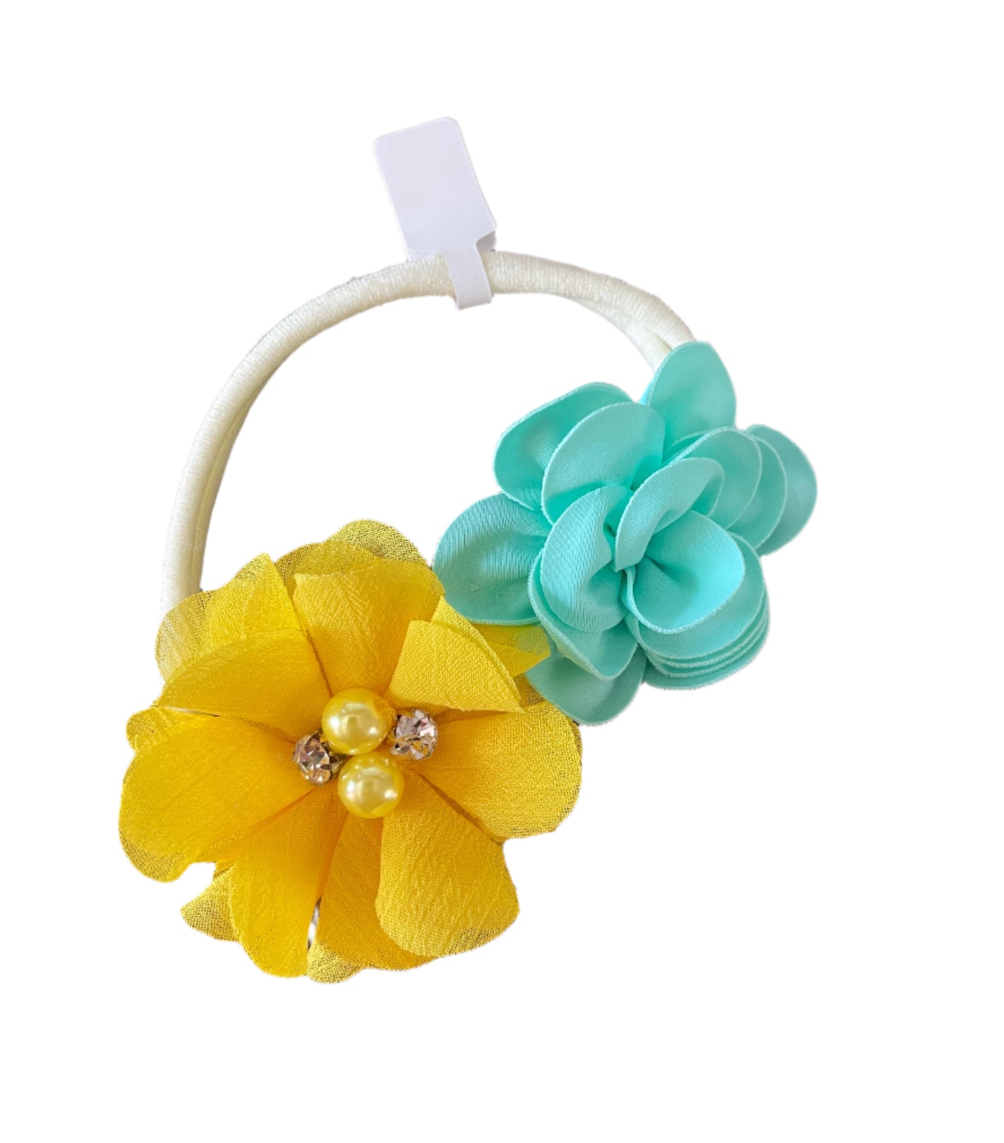Aqua & Yellow Flower Nylon Headband, girl, stretch, baby, child