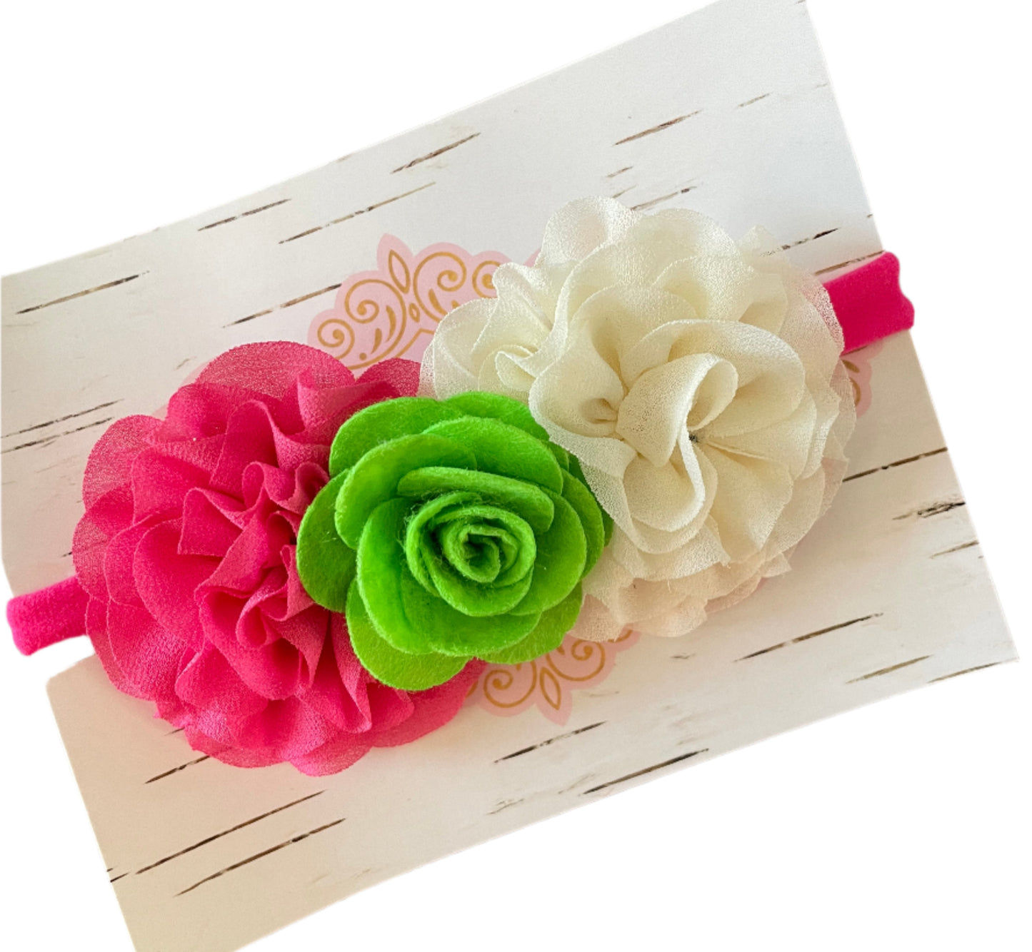 Pink, Green & Cream Flower Nylon Headband, girl, stretch, baby, child