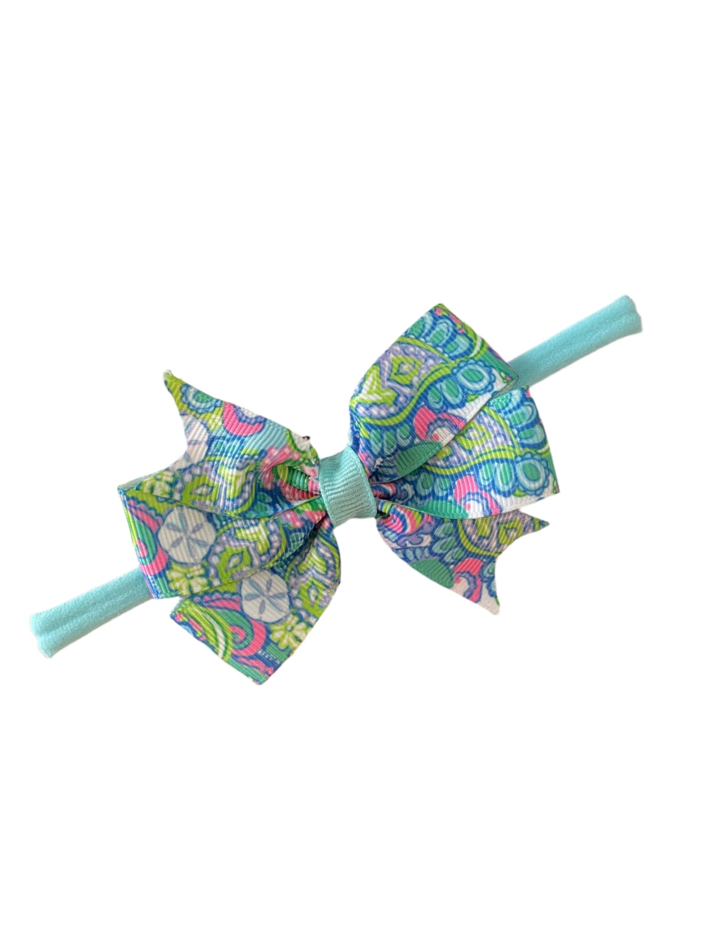 Preppy Print Small Hair Bow on Nylon Headband, girl, holiday, stretch, Conch shell