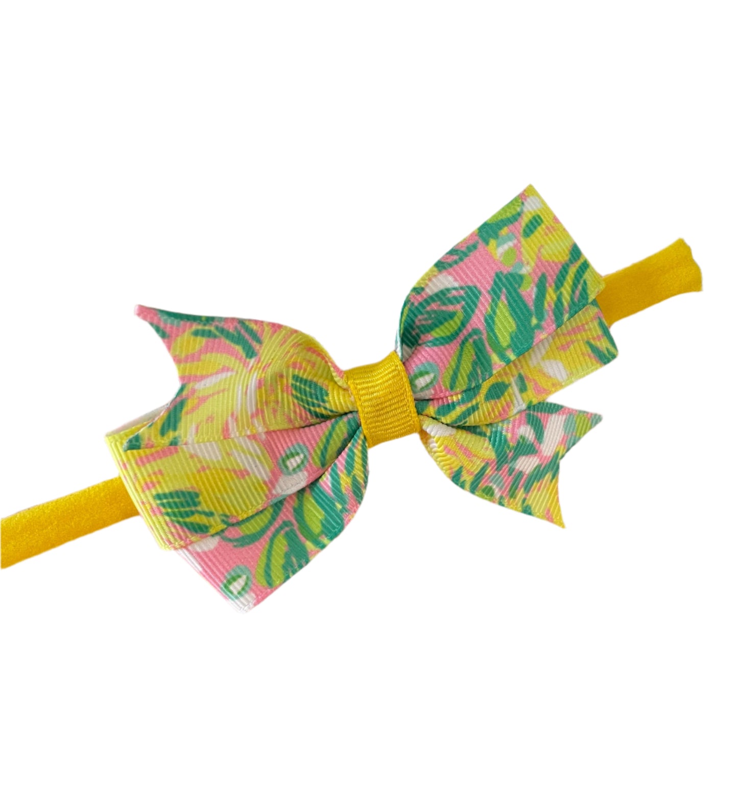 Preppy Yellow Mums Print Small Hair Bow on Nylon Headband, girl, stretch