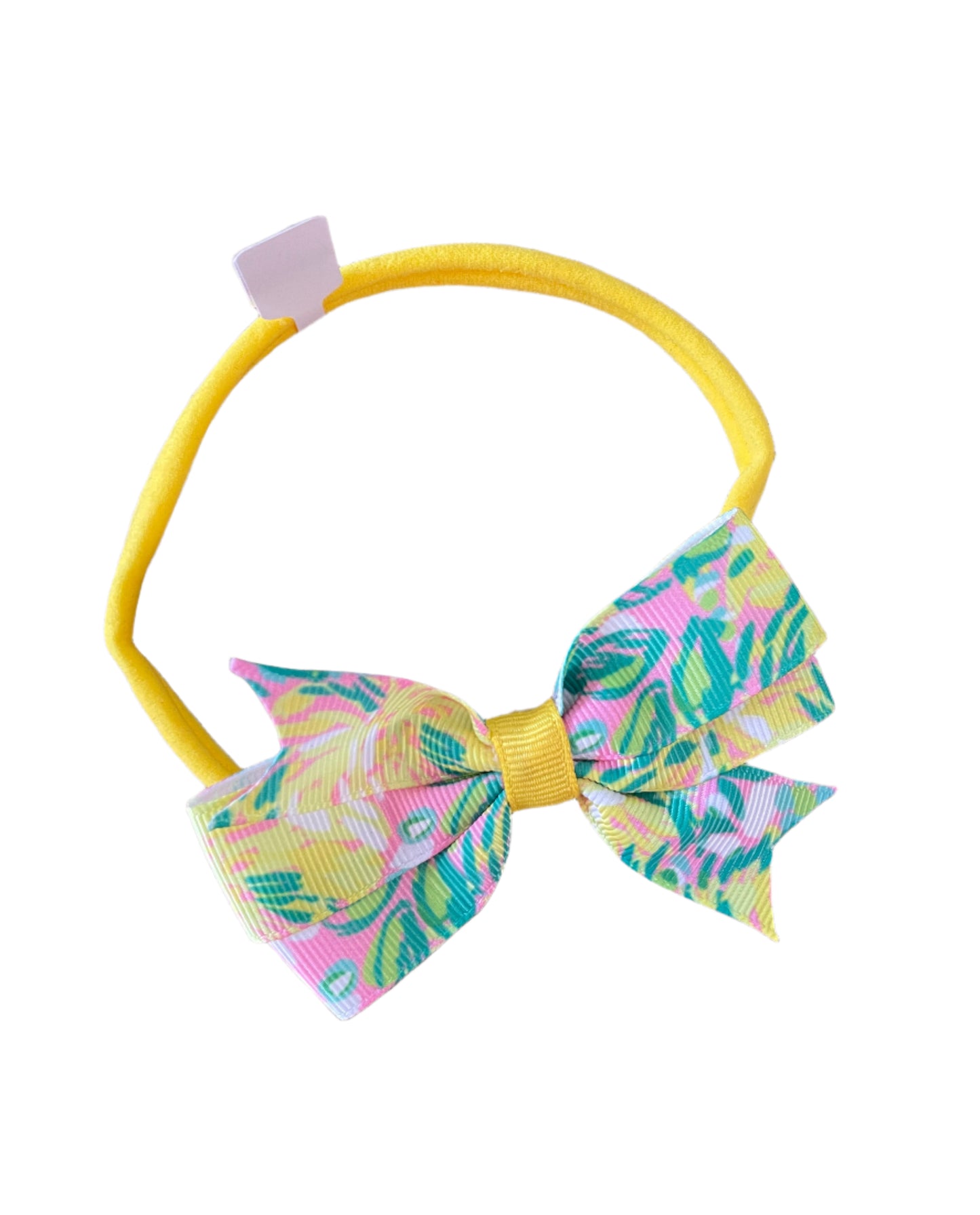 Preppy Yellow Mums Print Small Hair Bow on Nylon Headband, girl, stretch