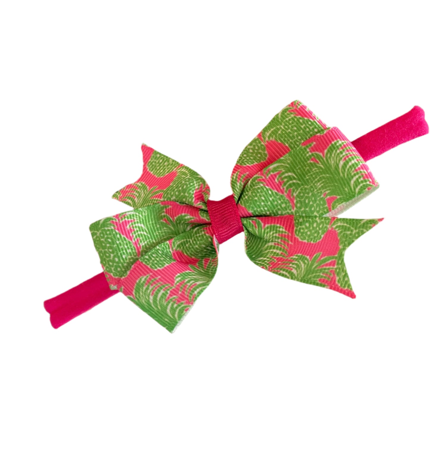 Preppy Pineapple Print Small Hair Bow on Nylon Headband, girl, holiday, stretch, Flamenco