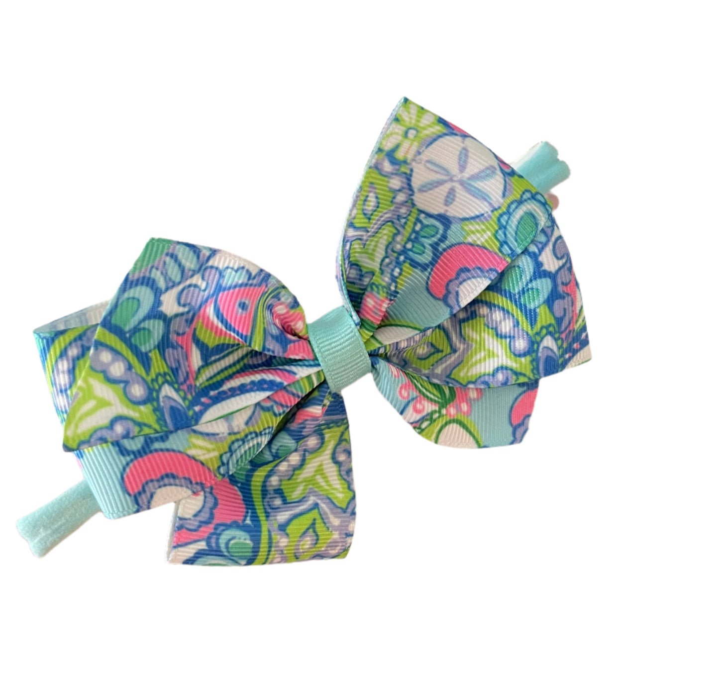 Preppy Print Hair Bow on Nylon Headband, girl, holiday, stretch, Conch shell