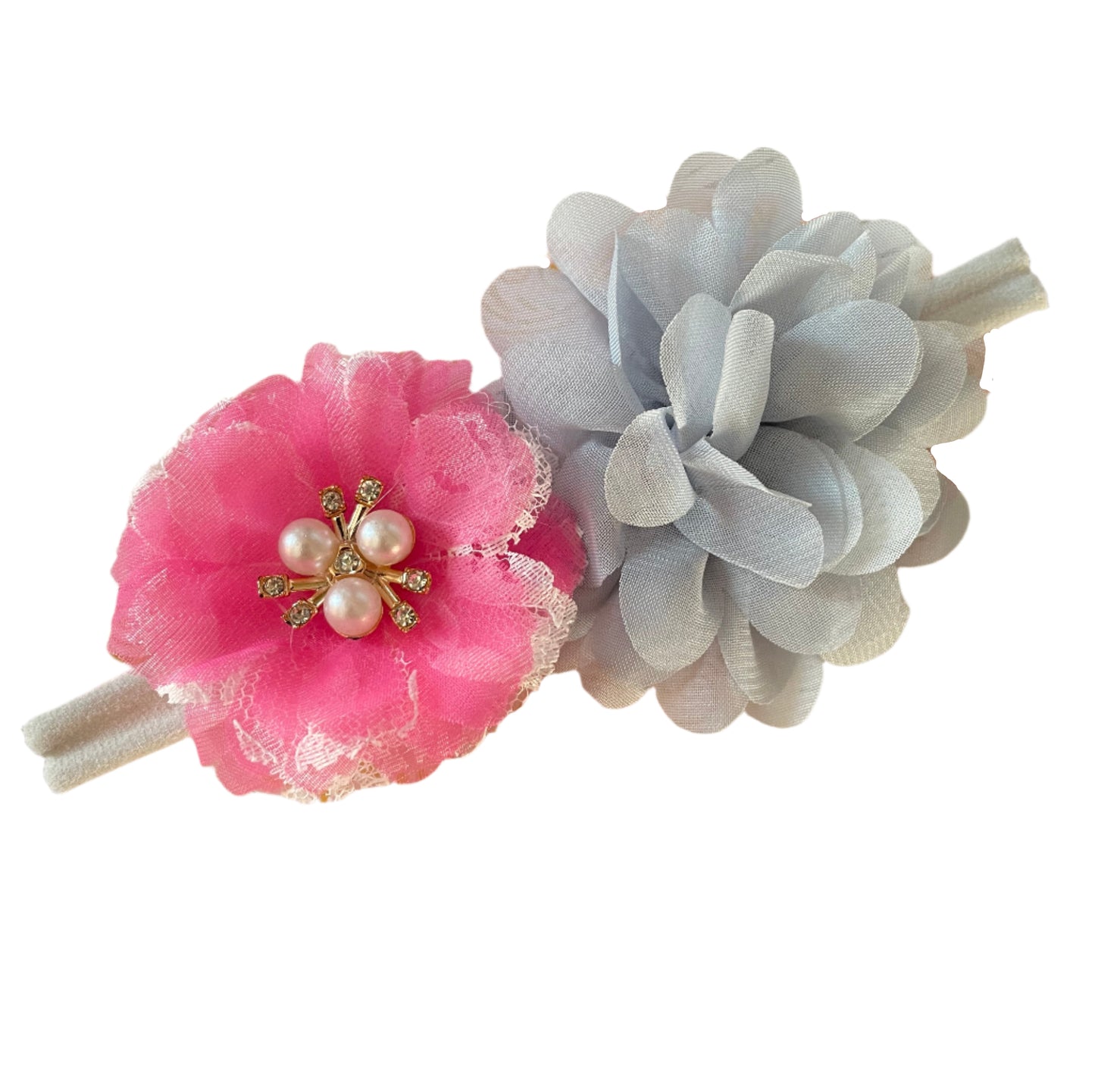 Gray & Bright Pink Flower Nylon Headband, girl, stretch, baby, child