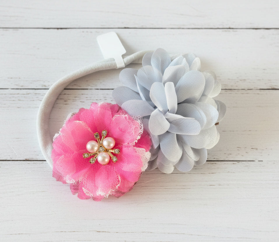 Gray & Bright Pink Flower Nylon Headband, girl, stretch, baby, child