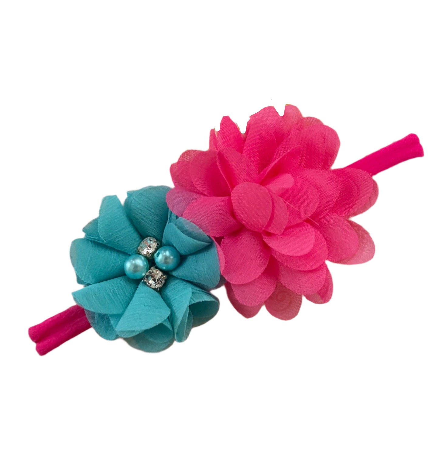 Hot Pink & Turquoise Flower Nylon Headband, girl, stretch, baby, child