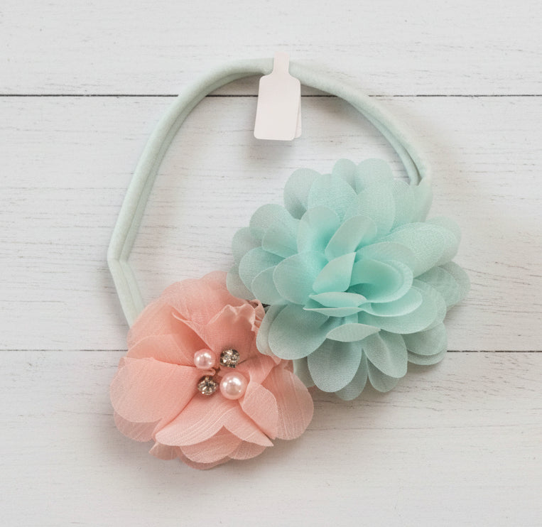 Aqua & Peach Flower Nylon Headband, girl, stretch, baby, child