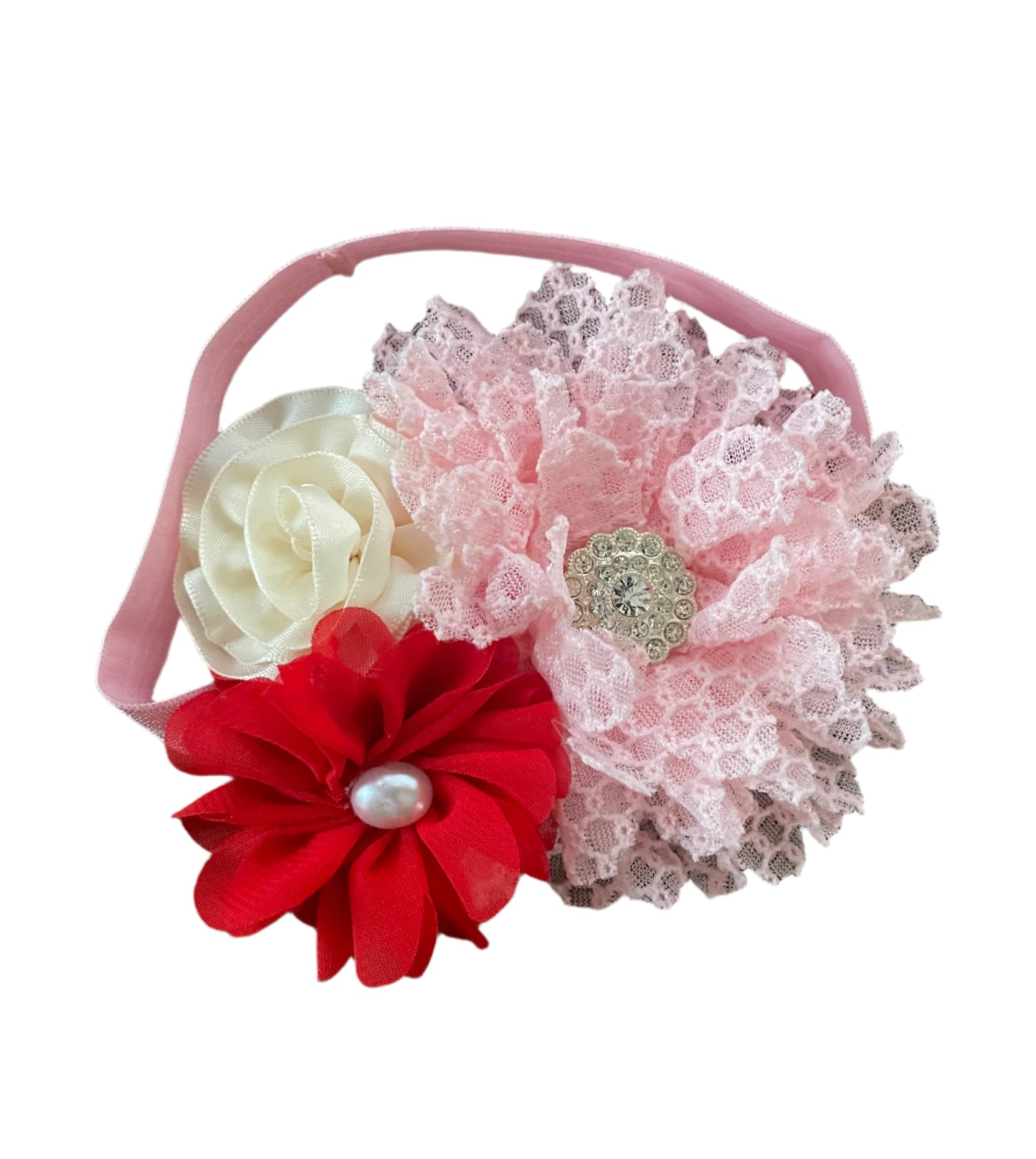 Boutique Pink, Cream & Red Flower Nylon Headband, girl, stretch, baby, child