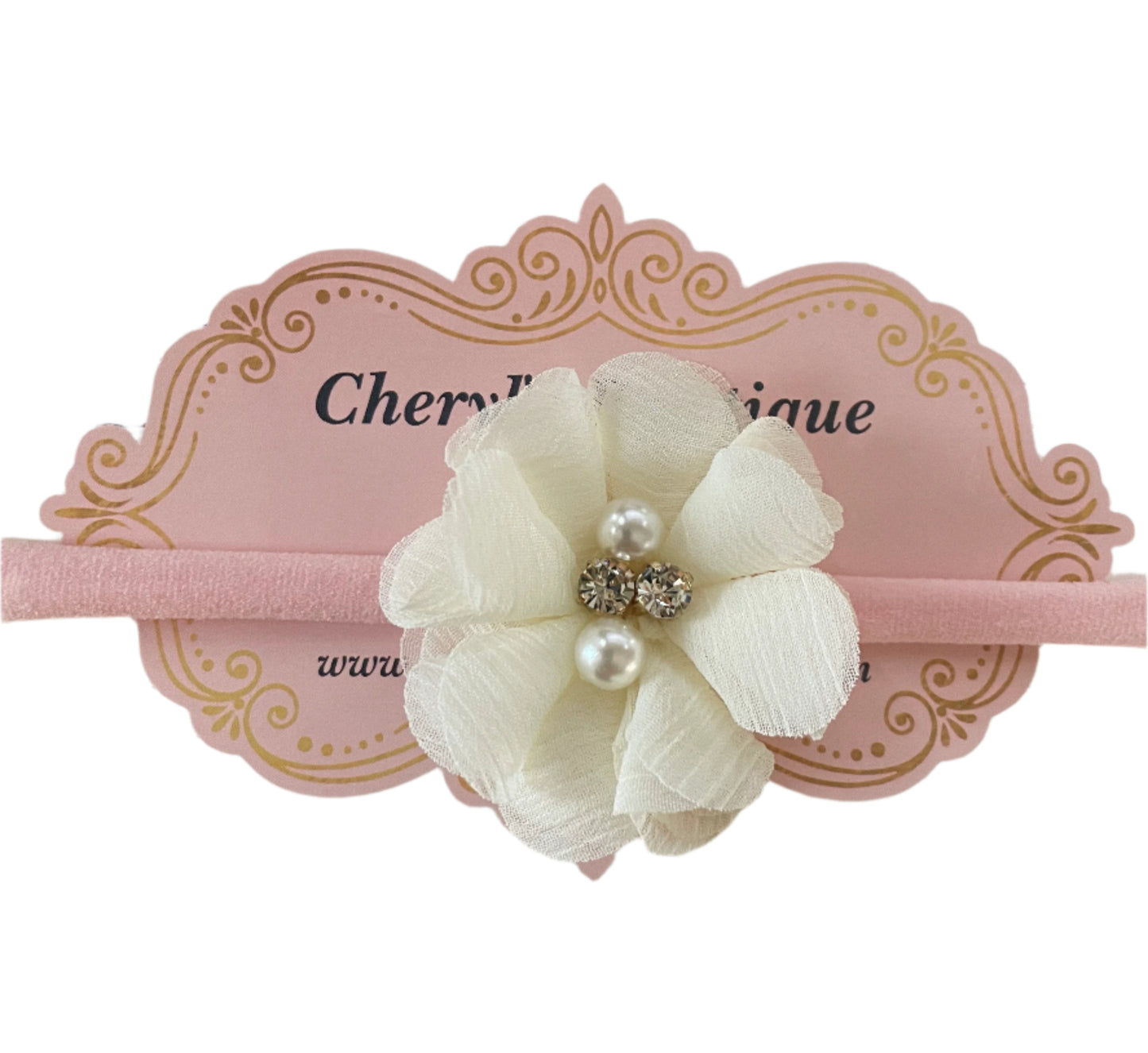 Cream Flower on Light Pink Nylon Headband, girl, stretch, baby, child