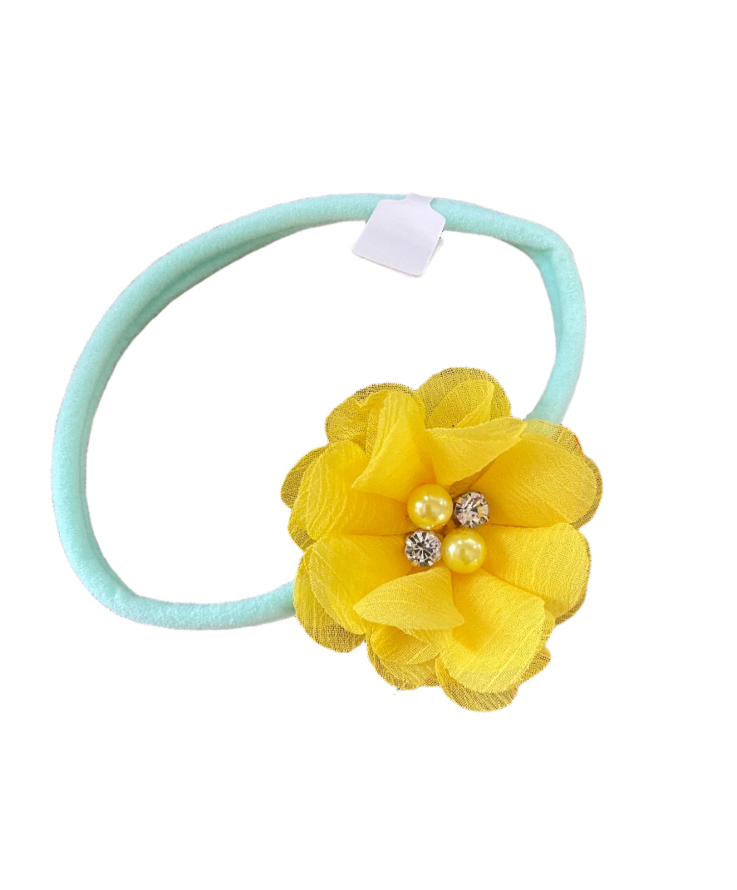 Yellow Flower on Sea Foam Blue Nylon Headband, girl, stretch, baby, child