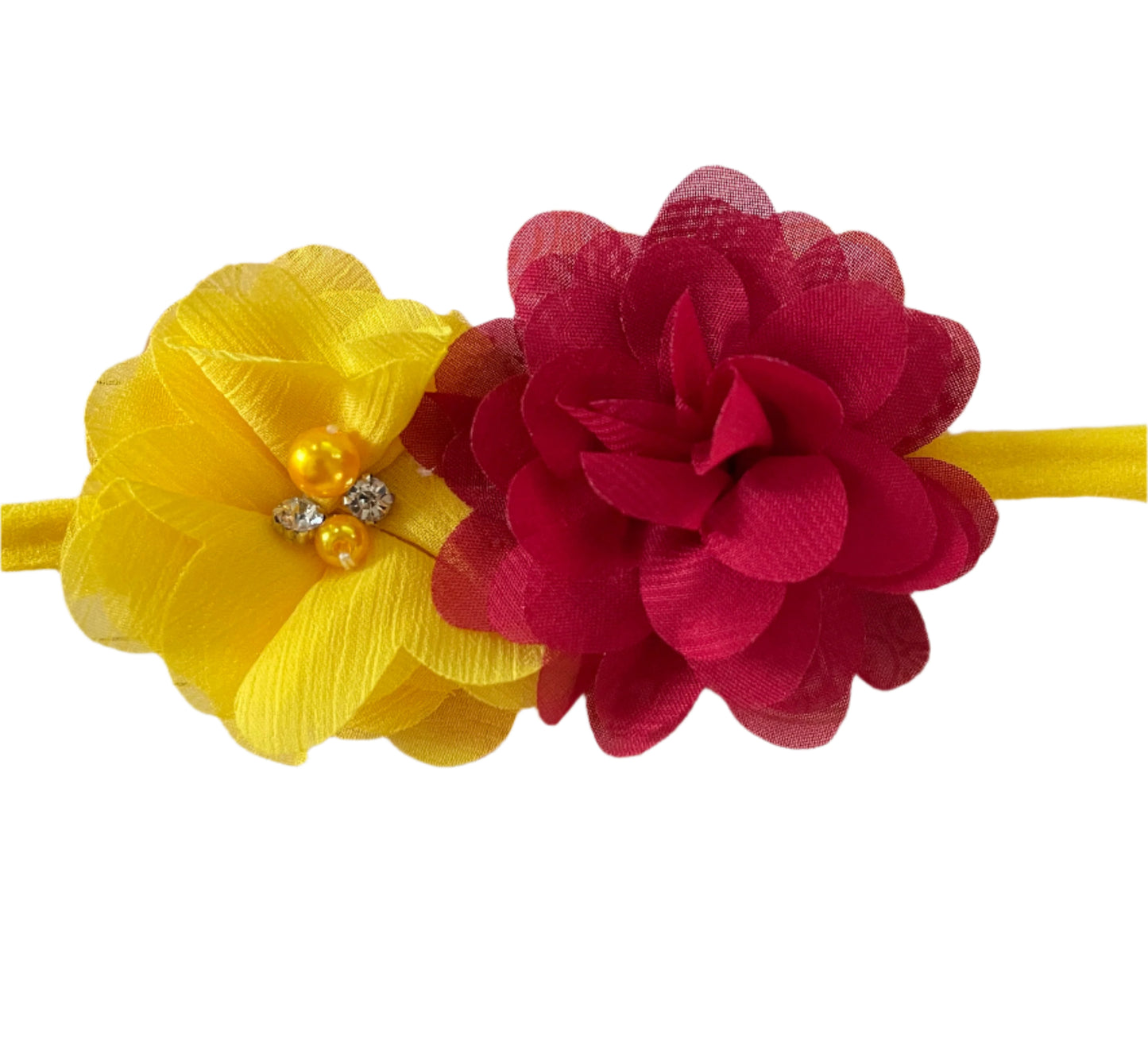 Wine & Yellow Chiffon Flower on Nylon Headband, baby, toddler, child, stretch