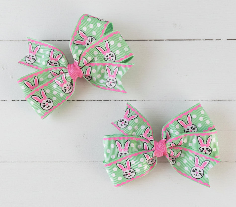 Green & Pink Bunny Hair Bow, girl, clip, Easter, accessory, kids