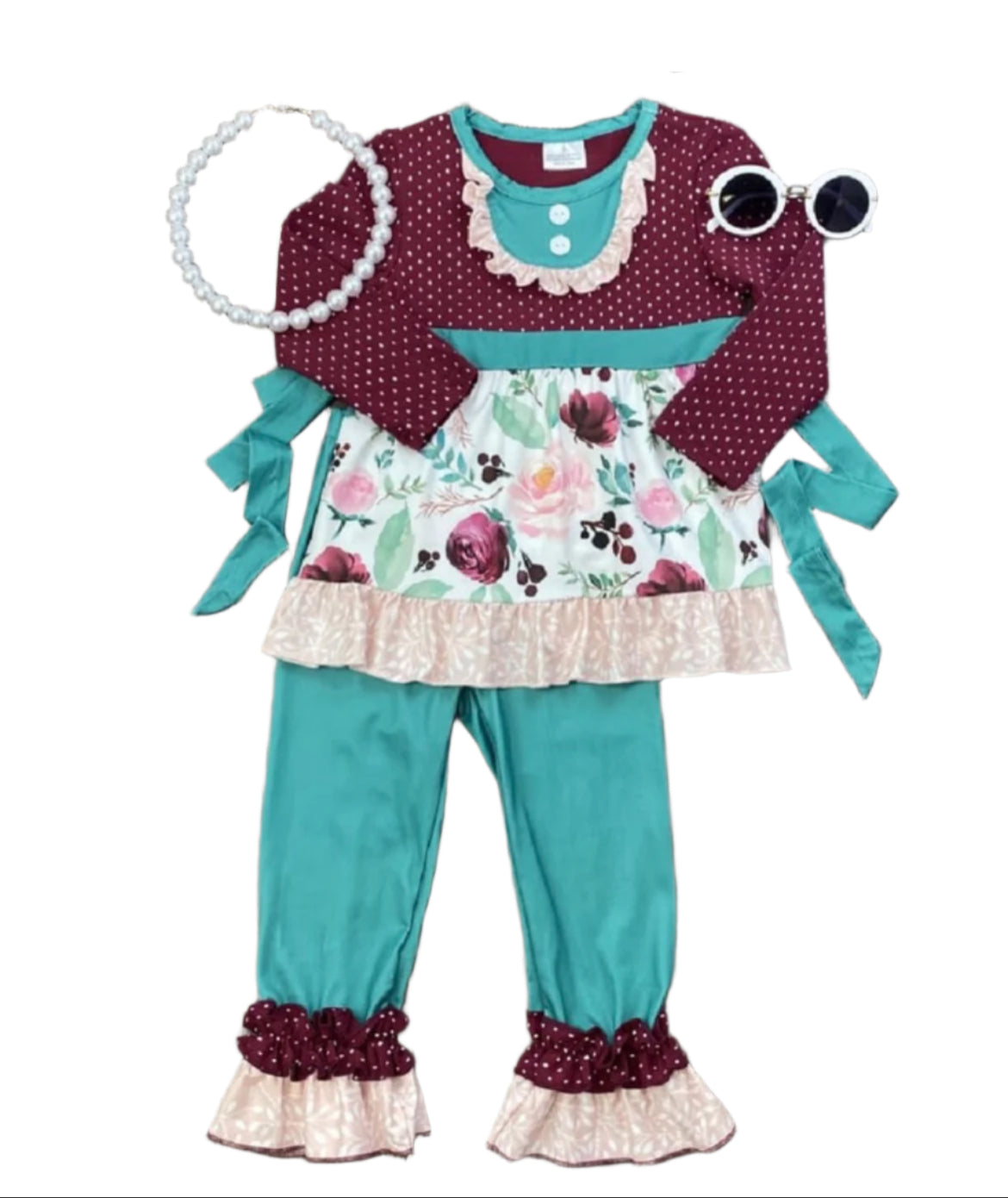 Burgundy & Blue Polka Dot Ruffle Outfit, girl, clothing, kids