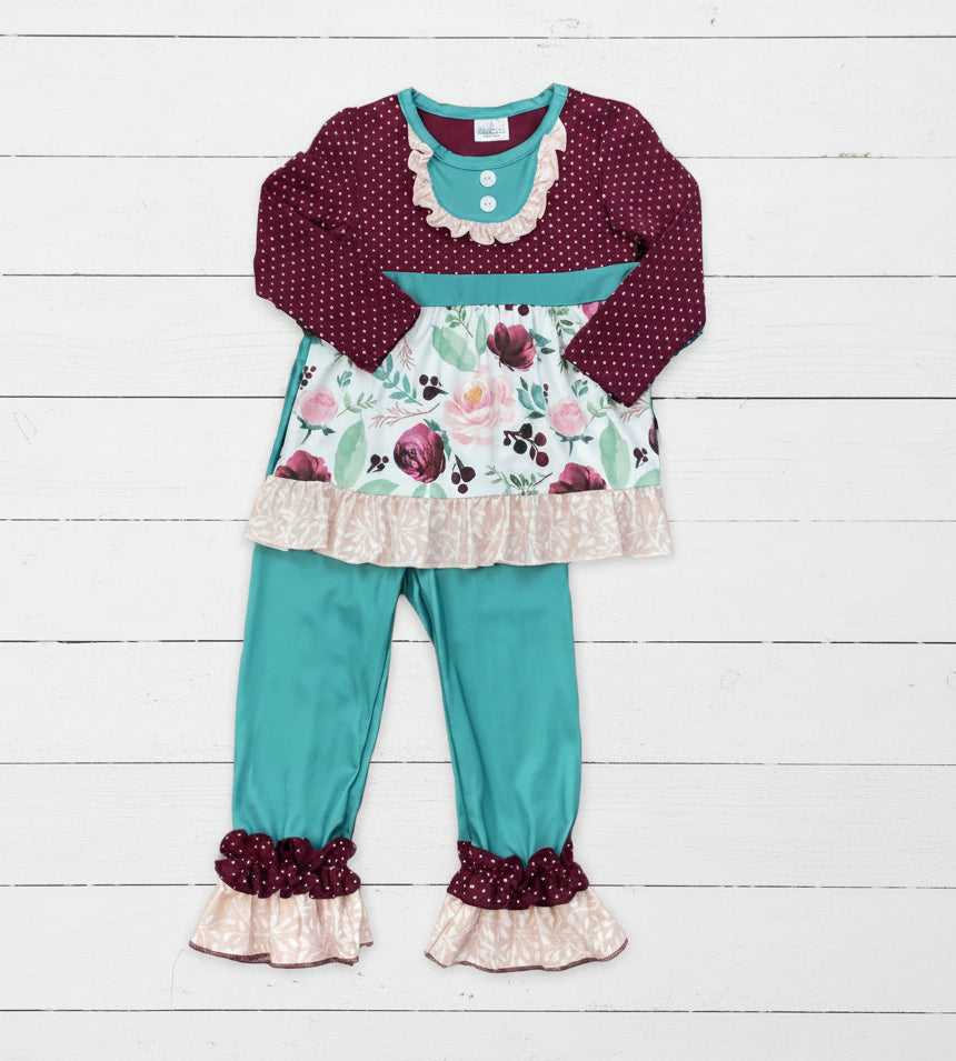 Burgundy & Blue Polka Dot Ruffle Outfit, girl, clothing, kids