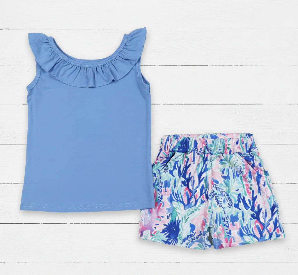Blue Coral Preppy Short Set, girl, outfit, kids, Summer