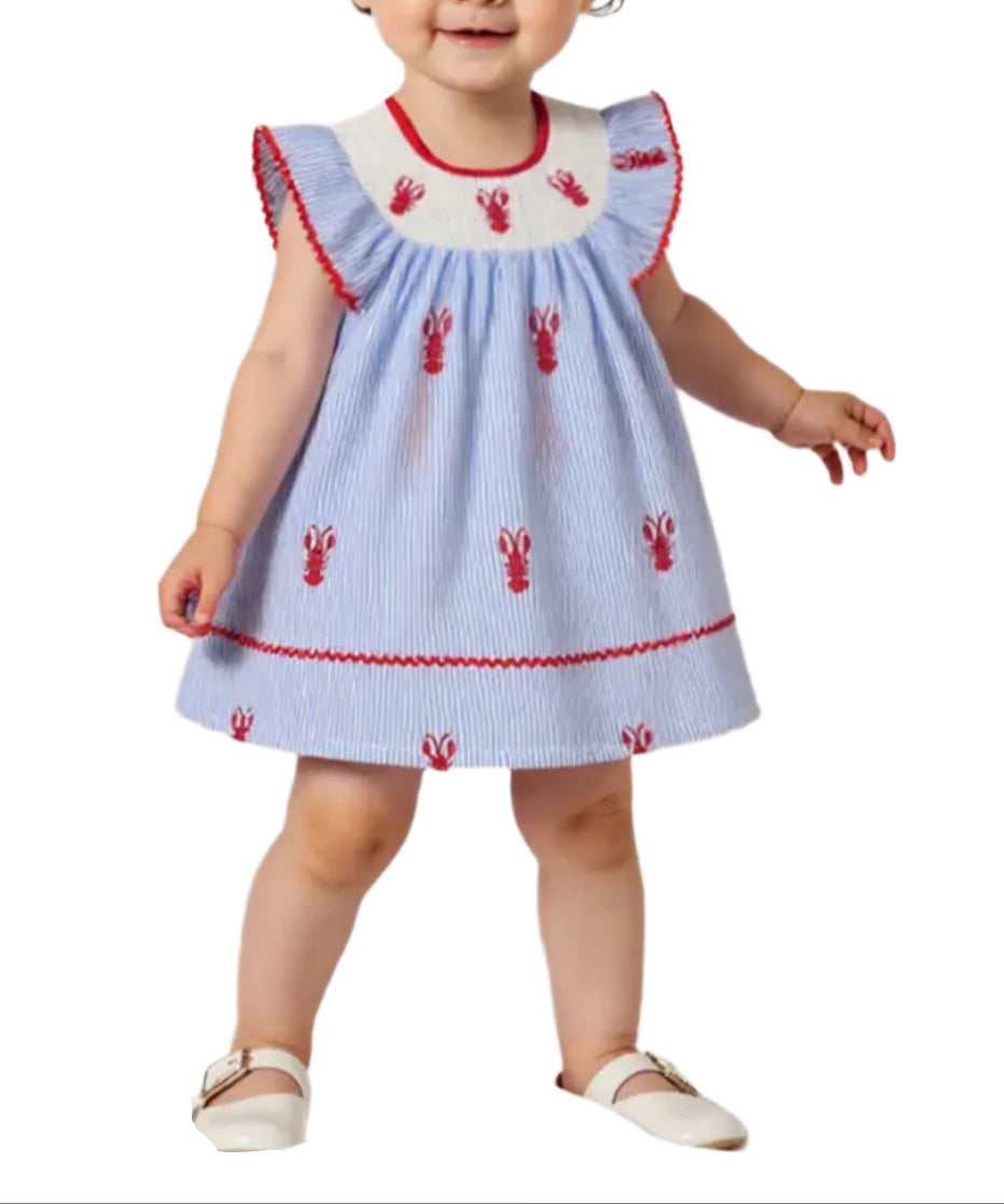Blue Pinstripe Lobster Flutter Sleeve Dress, girl, kids, smocked - SALE