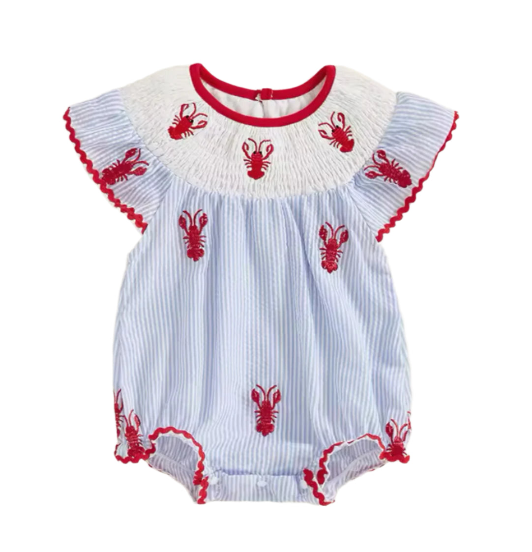 Blue Pinstripe Lobster Flutter Sleeve Romper, girl, kids - SALE