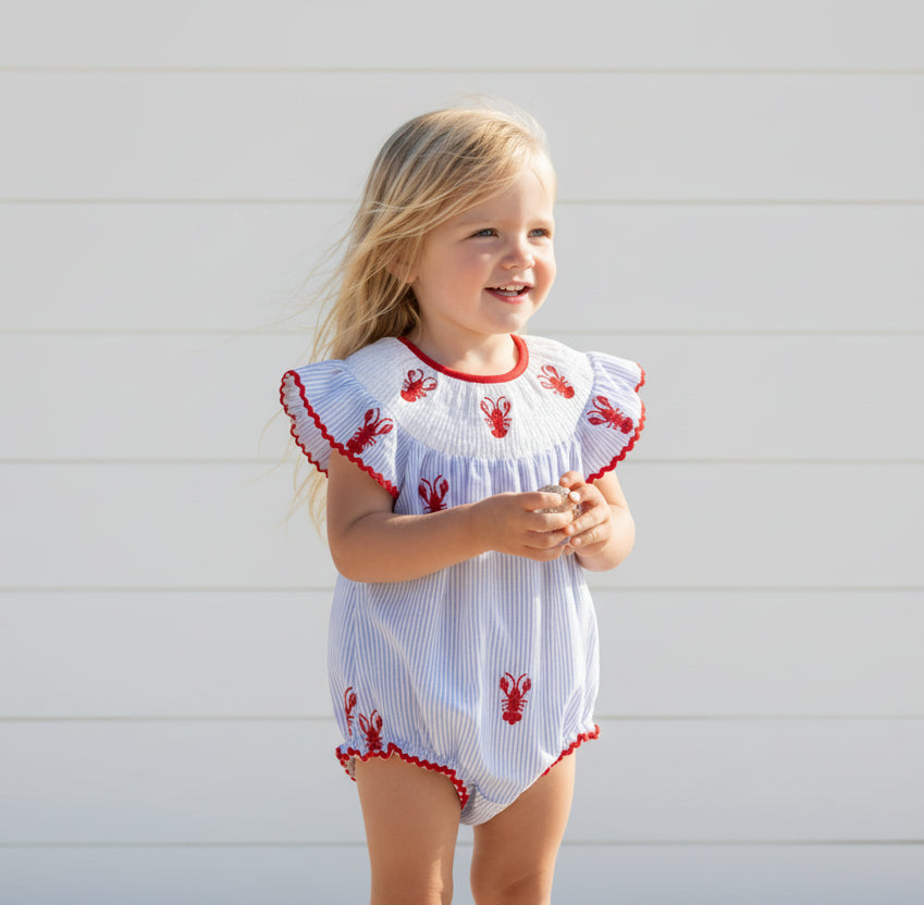 Blue Pinstripe Embroidered Lobster Dress, girl, kids, Spring, Easter