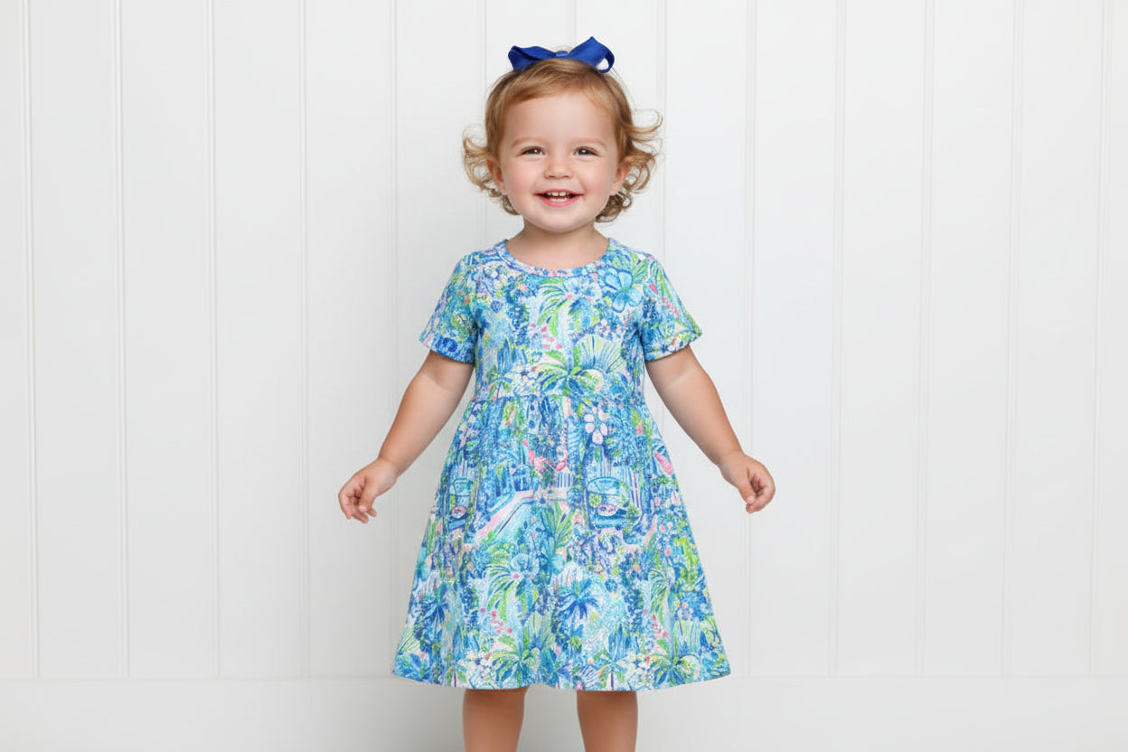 Blue Preppy Tropical Print Dress, girl's, Milk Silk, kids, inspired