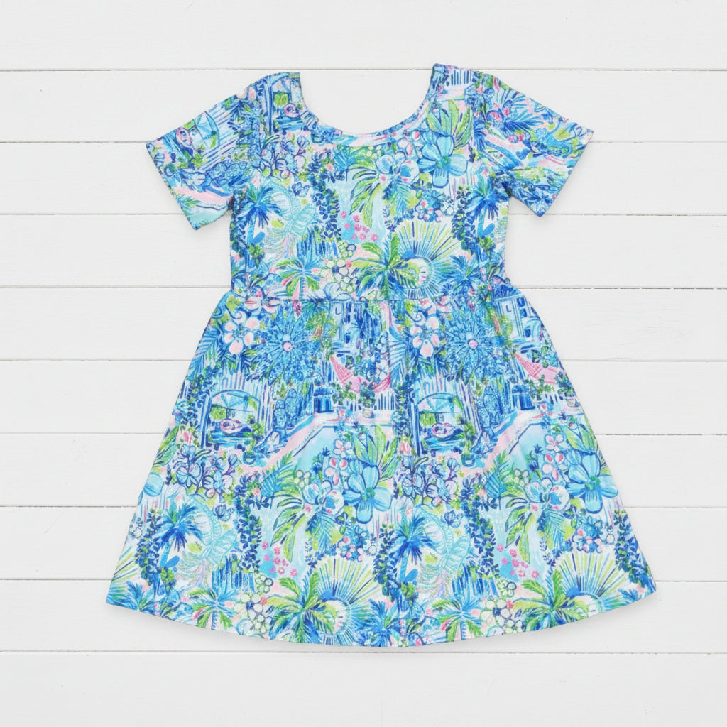 Blue Preppy Tropical Print Dress, girl's, Milk Silk, kids, inspired / CLEARANCE