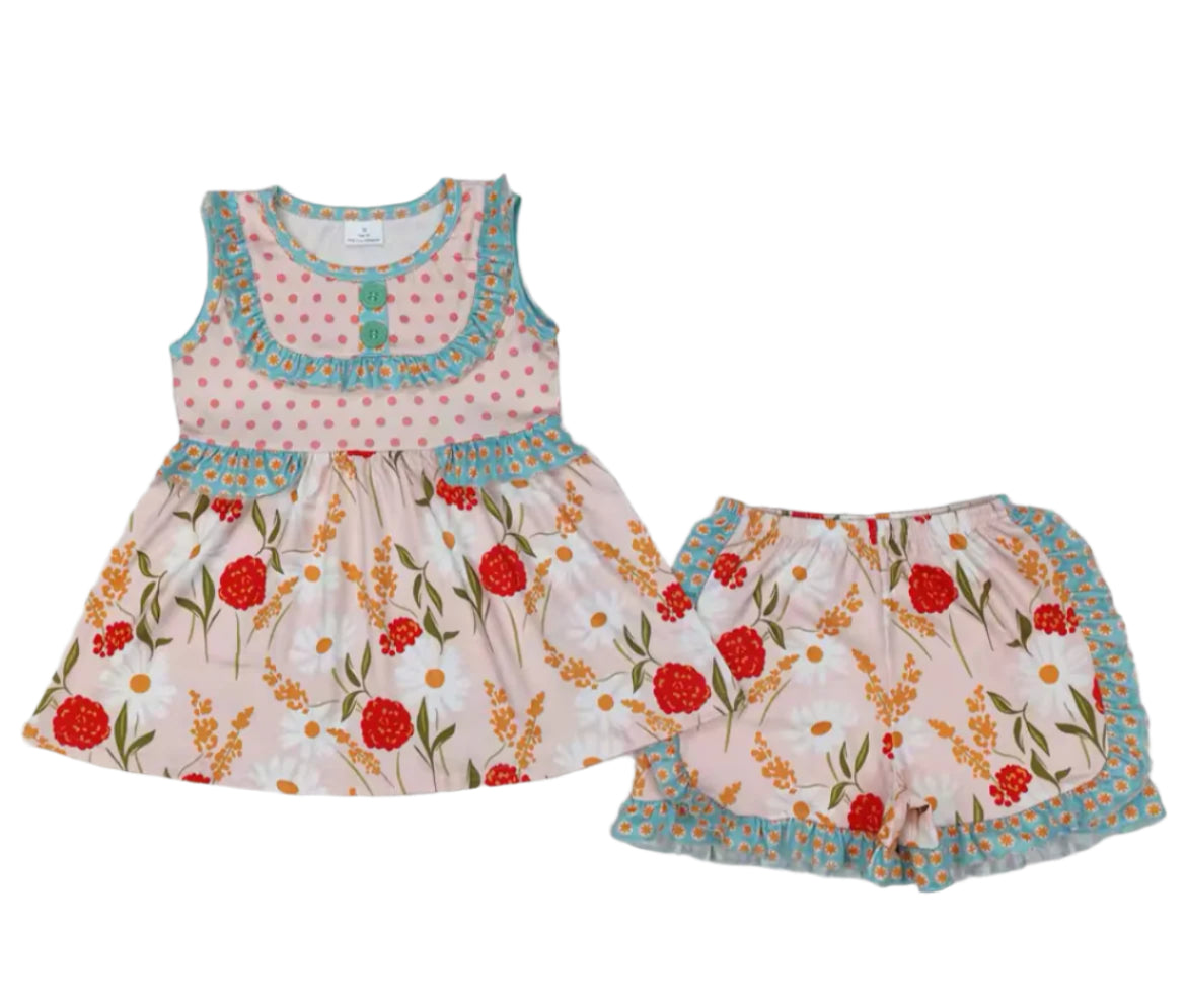Flower & Dots Ruffle Short Set, girl, kids, clothing, outfit - SALE