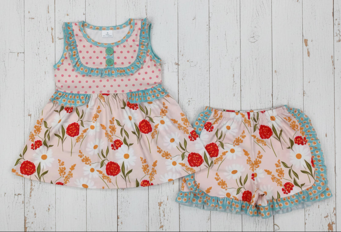 Flower & Dots Ruffle Short Set, girl, kids, clothing, outfit